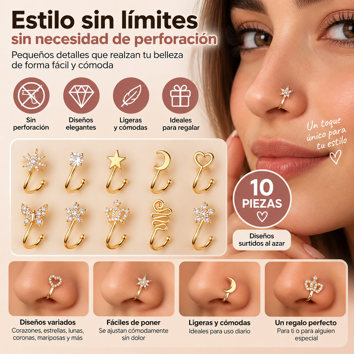 Luce hermosa sin perforar tu nariz - Brillora (Set x10 unidades)